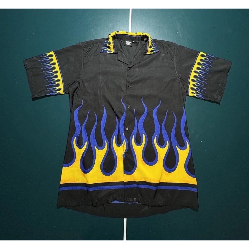Vintage American Biker Shirt Mens XL Button Up Black Y2K 90s Blue Flames Grunge‎